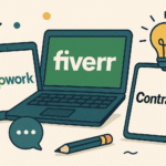 Illustration of Upwork, Fiverr, and Contra logos displayed on a tablet, laptop, and smartphone respectively, surrounded by creative icons like a lightbulb, star, pencil, and chat bubble.
