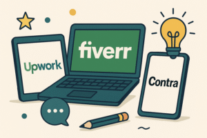 Illustration of Upwork, Fiverr, and Contra logos displayed on a tablet, laptop, and smartphone respectively, surrounded by creative icons like a lightbulb, star, pencil, and chat bubble.