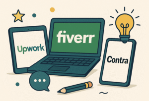 Illustration of Upwork, Fiverr, and Contra logos displayed on a tablet, laptop, and smartphone respectively, surrounded by creative icons like a lightbulb, star, pencil, and chat bubble.