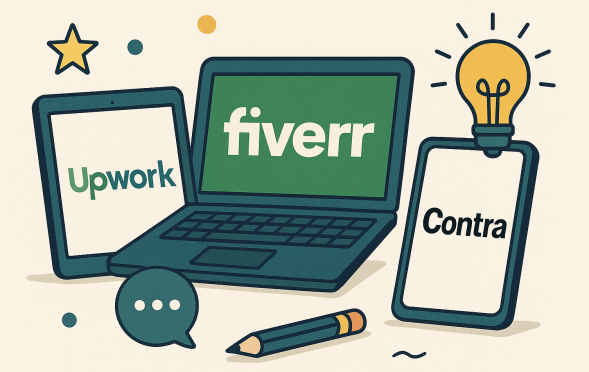 Illustration of Upwork, Fiverr, and Contra logos displayed on a tablet, laptop, and smartphone respectively, surrounded by creative icons like a lightbulb, star, pencil, and chat bubble.