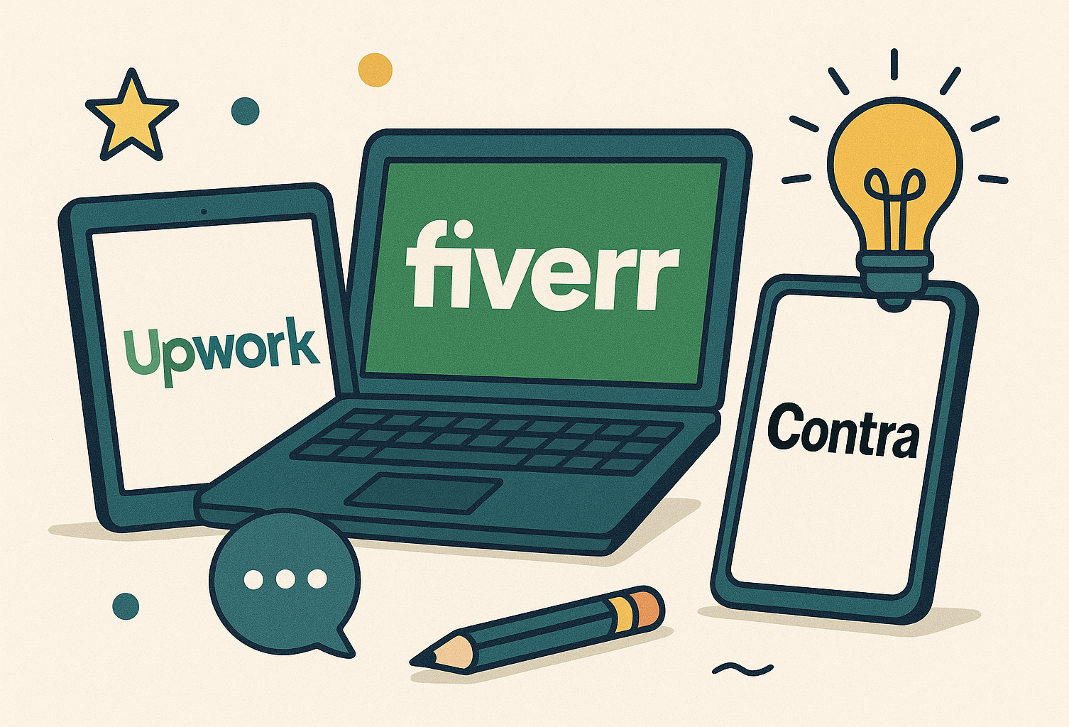 Illustration of Upwork, Fiverr, and Contra logos displayed on a tablet, laptop, and smartphone respectively, surrounded by creative icons like a lightbulb, star, pencil, and chat bubble.
